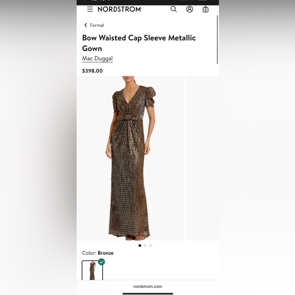 Mac Duggal Bronze Metallic Gown bow waisted cap sleeve